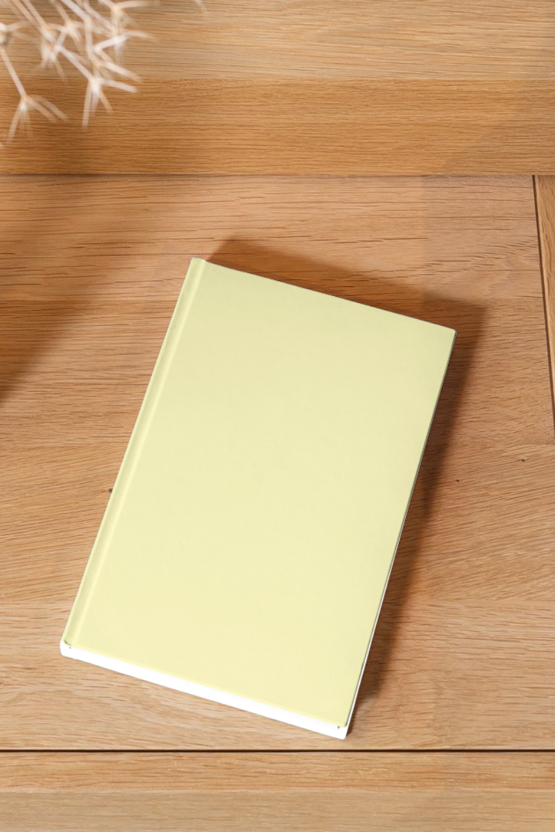 Yellow notebook on a wooden surface